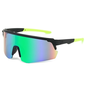 Cycling sports sunglasses with black frames, neon green temples and colorful gradient lenses