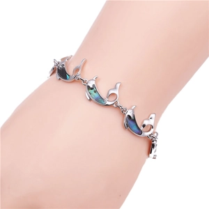 Detail of dolphin charm bracelet featuring iridescent abalone shell on a model's wrist