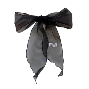 Elegant black organza oversized bow hair tie with vintage lace brand tag for women