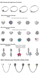 Detailed catalog of DIY charm bracelet components including beads, pendants and safety chains