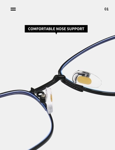Detail of comfortable silicone nose pads and blue inner trim on black square glasses
