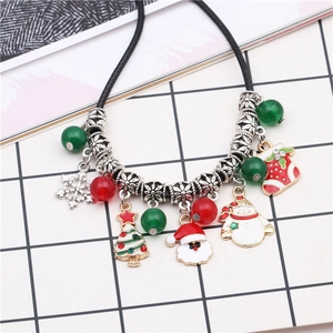 Christmas snowman and Santa Claus beaded charm necklace with festive red and green pendants