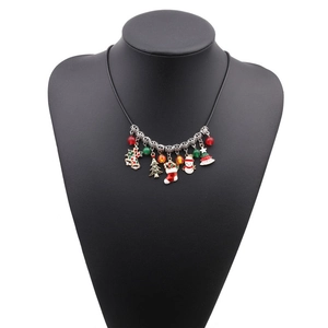 Christmas tree and snowman pendant necklace with festive charms on a black cord