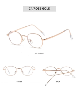 Three-view display of rose gold oval metal frames including front side and back angles