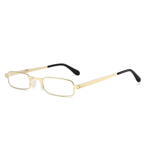 Elegant gold wire rimmed reading glasses with slim rectangular frame and black earpieces