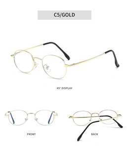 Three views of retro gold metal oval frames showing front, back and 45-degree angle detail