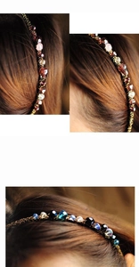 Detail of handmade crystal bead headbands in purple and blue tones on wavy hair