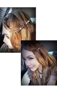 Detail of colorful crystal beaded headband showing vintage style stones and side hair styling
