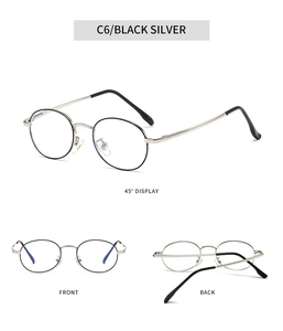 Three-way view of retro oval black silver metal glasses frames showing front and back