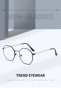 Detailed view of fashionable black octagonal metal glasses frame with silver temple arms