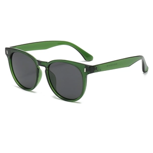 Polarized oval sunglasses in dark green frame with silver rivets and grey lenses