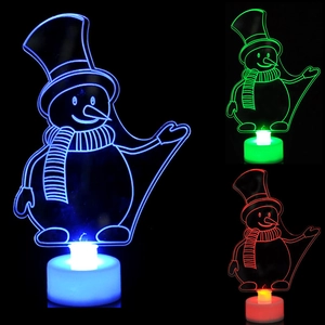 Macro view of 3D LED snowman night light showing blue, green and red light effects