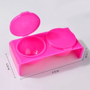 Dual-chamber rose pink plastic nail liquid cup with flip lids and dimension labels