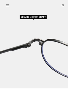 Macro shot of reinforced metal hinges and secure shaft on black oval eyeglasses frames