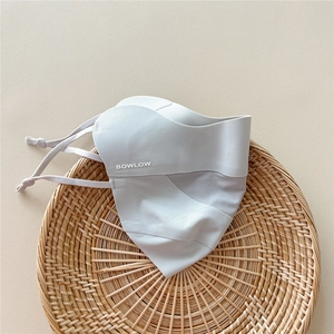 Detail of light grey breathable sun protection mask with adjustable ear loops and logo