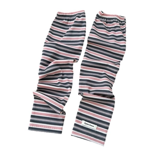 Striped sun protection cooling arm sleeves in navy, pink, and white ribbed knit fabric