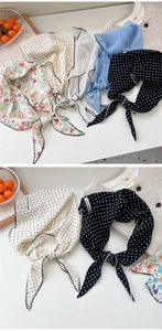 Detail of Korean style striped and polka dot lightweight triangular silk scarves with wavy edges