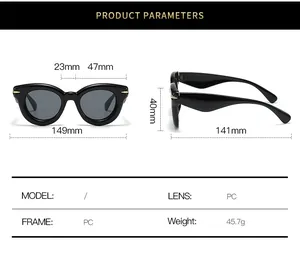 Size chart showing 149mm frame width and PC material specs for round sunglasses
