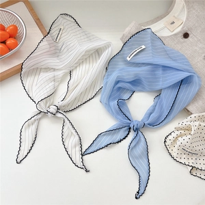 Chic striped and polka dot chiffon neck scarves for women with delicate wave hem edge