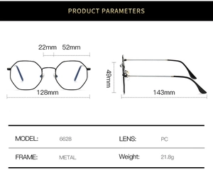 Detailed size specifications for minimalist polygonal metal blue light blocking glasses