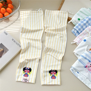 Cute cartoon cooling arm sleeves with yellow stripes and adjustable drawstring for sun protection