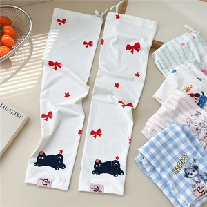 Cute cartoon ice silk cooling sleeves with red bow print and adjustable cuffs for sun protection