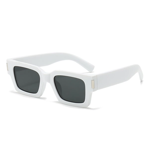 Square white sunglasses with olive green lenses and rectangular metal hinge detail