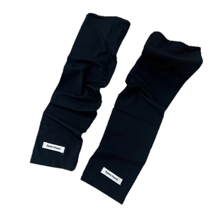 Unisex black ribbed drawstring sun protection arm sleeves with stylish woven labels