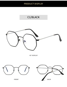 Detailed views of black polygonal metal frames showing front, back, and 45-degree angles