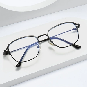 Retro black geometric square metal frame glasses with blue light blocking lenses