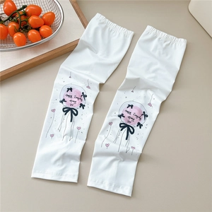 Close-up of white sun protection sleeves with cute cartoon print and drawstring detail