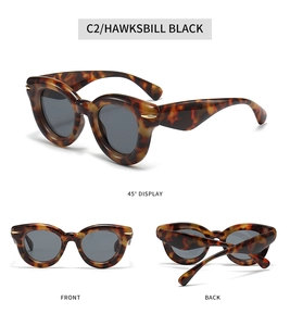 Detailed multi-angle view of tortoiseshell cat-eye sunglasses with gold metal accents