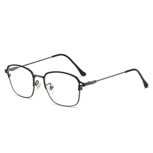 Modern square metal eyeglasses frame in dark grey with anti-blue light clear lenses