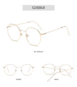Three-angle view of gold polygonal metal frame blue light glasses showing front and back