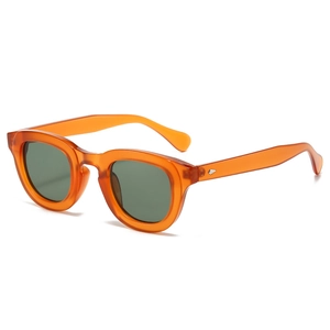 Retro thick oval frame sunglasses with translucent orange frames and dark green lenses