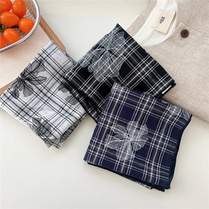 Plaid cotton linen scarf set with white flower prints for women in three stylish colors