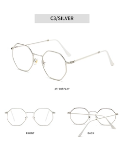 Detailed views of silver polygonal metal glasses frames including front and back angles