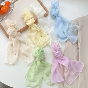 Set of lightweight candy-colored chiffon scarves with pearl and rhinestone accents