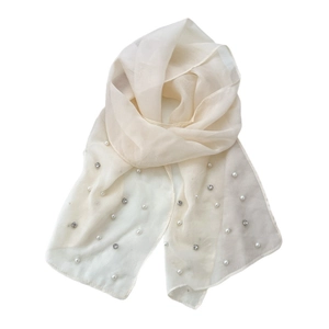 Elegant cream semi-transparent pearl scarf with rhinestone accents for women