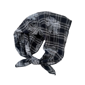 Floral plaid cotton linen bandana for women featuring a retro black and white grid pattern