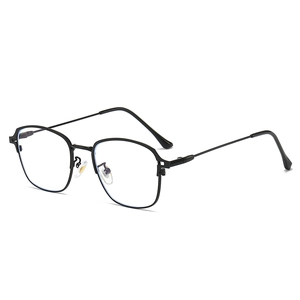 Retro black polygonal metal eyeglasses frame with minimalist anti-blue light clear lenses