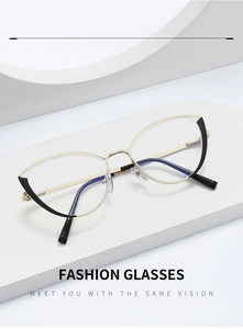 Detail view of gold hollow cat-eye metal frame glasses on white geometric display stand