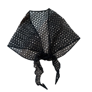 French country style black lace shawl headband with hollow crochet mesh design