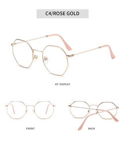 Detailed views of rose gold polygonal metal glasses frames with anti-slip pink tips