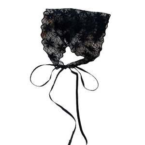 Elegant black floral lace headscarf with scalloped edges and ties for versatile styling