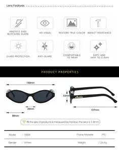 Detailed size chart for retro cat eye sunglasses showing PC frame dimensions and weight
