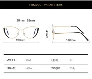Size chart for cat-eye metal glasses model 1806 showing lens width and temple length