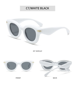 Three-view display of white chunky bubble sunglasses with chic gold temple accents