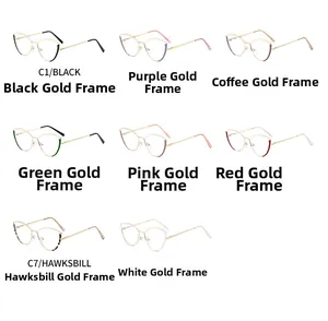 Detailed grid of 8 colors for cat-eye glasses frames including black, purple, and green gold