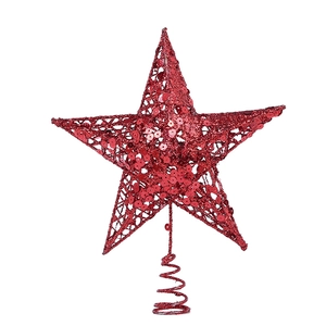 Sparkling red Christmas tree topper star with glitter sequins and spiral base